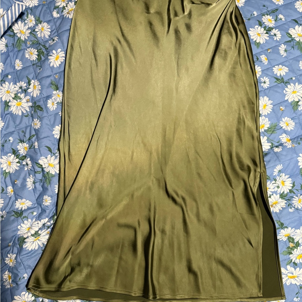 Elegant Olive Green Satin Skirt